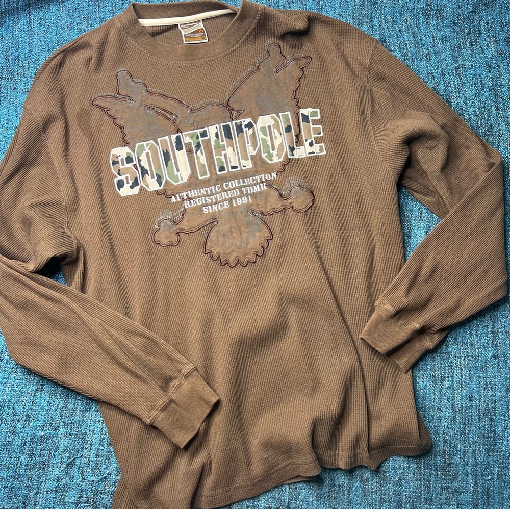 Vintage Y2K Southpole Eagle Thermal Long Sleeve Top in Brown Camo Grunge Cyber2k